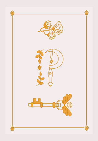 Esoteric poster Golden key with wings, druid sickle, mystic flower with three branches on white background Boho style vector outline illustration.のイラスト素材
