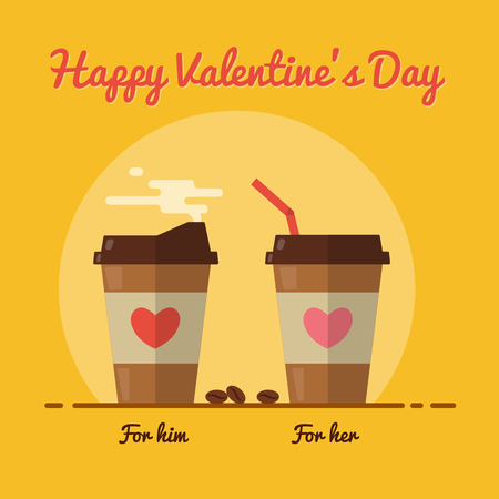 Romantic morning with coffee for two. Valentines day card. Flat design. Vector illustration.のイラスト素材