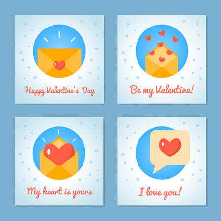 Set of greeting cards for Valentine s Day. Love letters and message. Blue colors. Flat design. Vector illustration.のイラスト素材