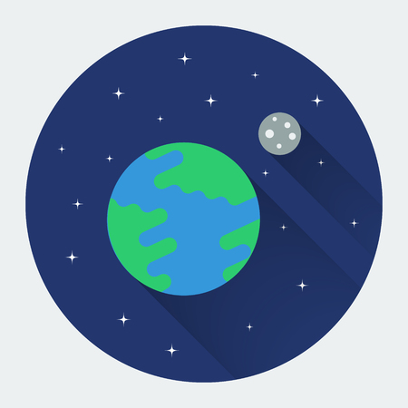 Earth and Moon in space. Modern flat icon with long shadow. Colored vector illustration.のイラスト素材