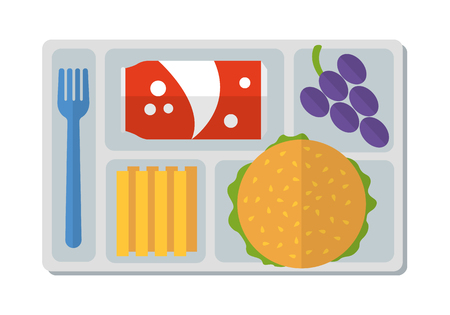 School lunch with hamburger, french fries, a can of soda and bunch of grapes. Flat style. Vector illustration.のイラスト素材