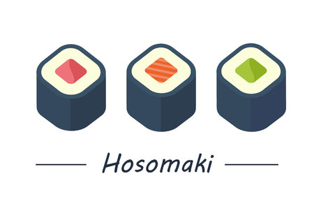 Hosomaki with tuna, salmon and cucumber. Sushi rolls set icons. Vector illustration. Flat style.のイラスト素材