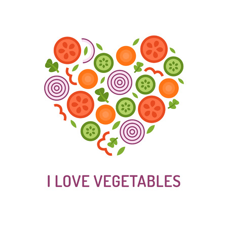 Vegetable heart with the inscription: I love vegetables. Element for your design, print for t-shirts, brochures and other. Flat design. Vector illustration.のイラスト素材