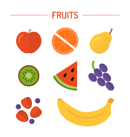 Set fruits: apple, slices of orange, pear, kiwi, watermelon slice, a bunch of grapes, a handful of berries, banana. Fresh bright fruits for your design. Vector illustration. Flat design.のイラスト素材