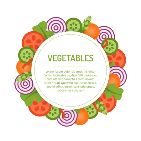 Round vegetable frame. Assorted sliced vegetables for salad. Vector template. Flat style.のイラスト素材