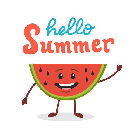 Funny watermelon cartoon character. Hello summer. Vector illustration. Flat designのイラスト素材