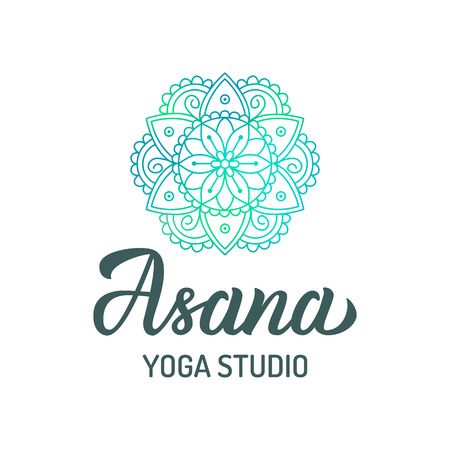 Hand lettering logo with colorful mandala for yoga studio isolated on white backgroundのイラスト素材