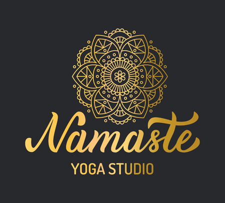 Hand lettering gold logo with mandala elements for yoga studio isolated on black backgroundのイラスト素材