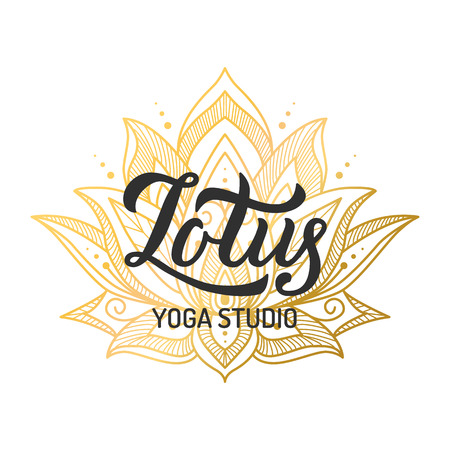 Hand lettering logo for yoga studio. Gilding lotus flower. Vector illustration.の写真素材