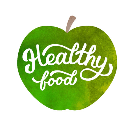 Healthy food - motivational hand lettering in watercolor green apple. Vector illustration.のイラスト素材
