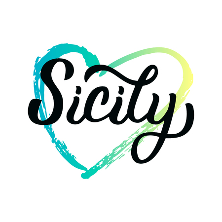 Sicily - trendy brush hand lettering with heart. Isolated on white background. Greetings for t-shirt, mug, card, logo, tag, postcard, banner. Drawn art sign. Vector illustration.のイラスト素材