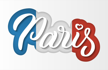 Paris - hand lettering. Background with effect of the cut paper and France flag. Vector illustration.のイラスト素材