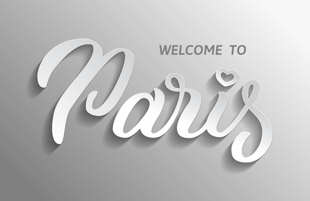 "Welcome to Paris". Hand lettering on gray background. Greetings for card and banner. Vector illustration.のイラスト素材