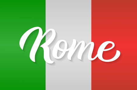 Rome - hand lettering on flag of Italy background. Drawn art sign. Vector illustration.のイラスト素材