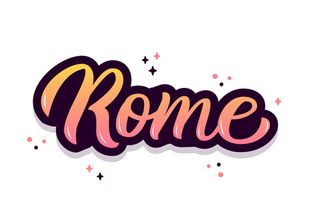 Rome - trendy hand lettering with bright colors. Isolated on white background. Greetings for t-shirt, mug, card, logo, tag, banner, sticker. Drawn art sign. Vector illustration.のイラスト素材