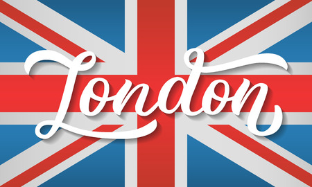 London - hand lettering on flag of the United Kingdom background. Drawn art sign. Vector illustration.のイラスト素材