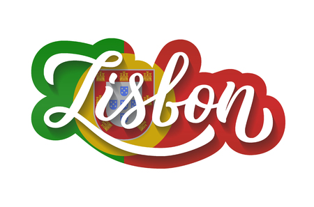 Lisbon hand lettering text with flag of Portugal vector design.のイラスト素材