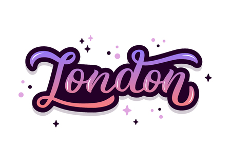 London - trendy hand lettering with bright colors. Isolated on white background. Greetings for t-shirt, mug, card, icon, tag, banner, sticker. Drawn art sign. Vector illustration.のイラスト素材