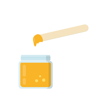 Glass jar of wax with stick isolated on white background. Waxing removal hair. Flat style. Vector illustration.のイラスト素材