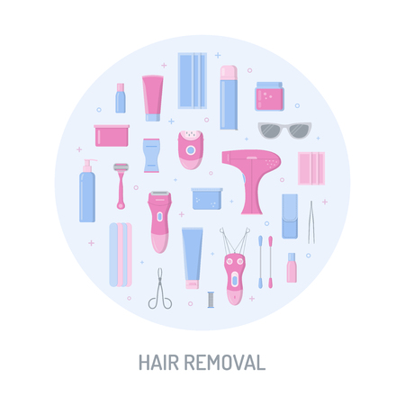 Hair removal circle concept. For your design. Devices for epilation and depilation. Flat style. Vector illustration.のイラスト素材