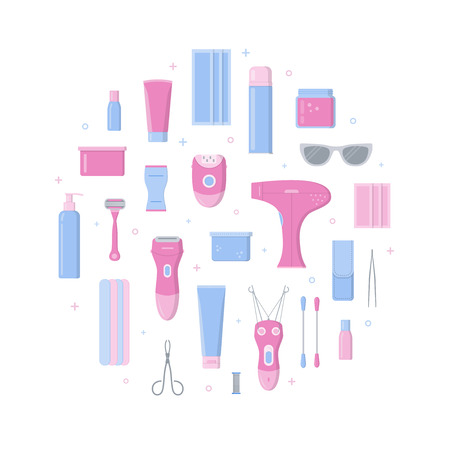 Hair removal circle concept isolated on white background. Devices for epilation and depilation. Element for your design. Flat design. Vector illustration.のイラスト素材