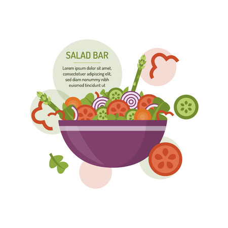 Bowl of fresh vegetable salad, healthy food. Template for your design with text area. Flat style banner.のイラスト素材