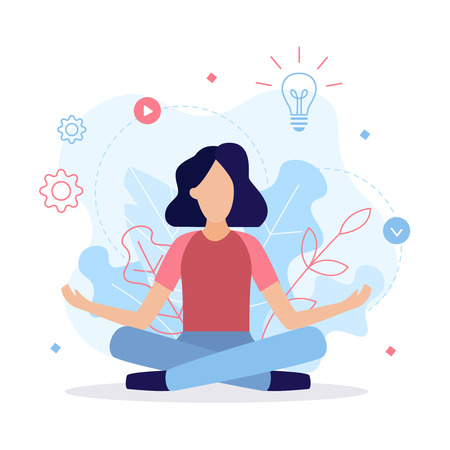 Girl sitting in lotus pose. Thought process, search for ideas and work on the project. Business concept. Flat vector illustration.のイラスト素材