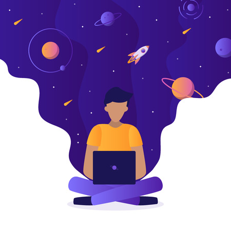 The programmer is working on a laptop in the lotus pose. Around him space with planets, stars and rocket. Coding, creation of new websites, software or applications. Web development business concept. Flat vector illustration.のイラスト素材