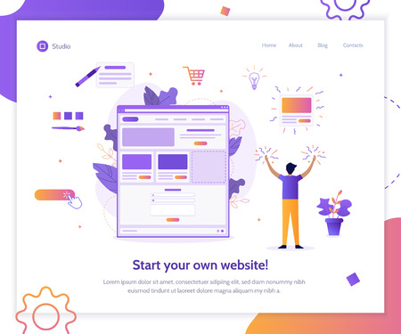 Web banner design template for landing page. A man creates his own website. Website builder concept. Flat vector illustration.のイラスト素材