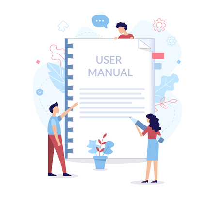 A team of specialists make up the user manual. Web development concept. Flat vector illustration.のイラスト素材