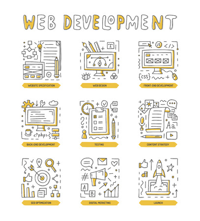 Web development doodle icon set. Documentation, design, codding, content, marketing, startup, seo. Vector illustration.のイラスト素材