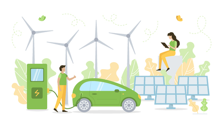 Man charging electric car at charging station. Solar panels and wind turbines on a background. Green energy concept. Flat vector illustration.のイラスト素材