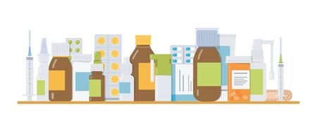 Different medicaments on the table. Medical concept. Banner for pharmacy, drug store or medical website. Flat vector illustration. のイラスト素材