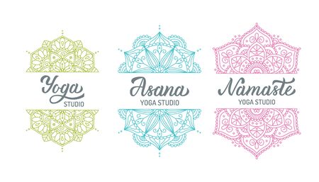 Yoga studio illustration set with mandalas isolated on white background. Hand lettering elements. Vector illustration.のイラスト素材