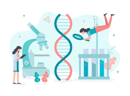 Scientists examine the genome in a research laboratory. DNA research concept. Flat vector illustration.
のイラスト素材