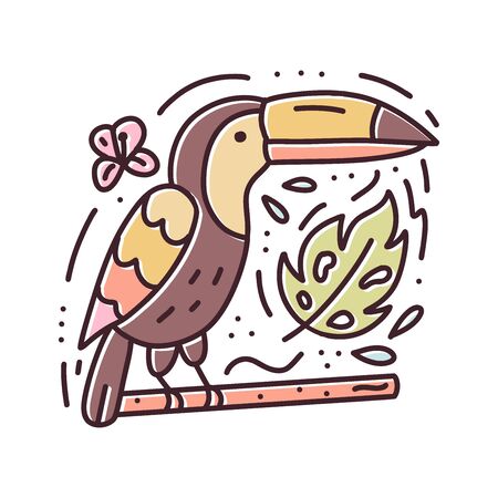 Doodle composition with cute toucan, flower and tropical leaf. Print for stickers, t-shirts, mugs, posters and other. Vector illustration.のイラスト素材