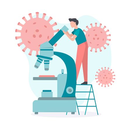 A medical specialist tests the blood for the presence of a coronavirus. Flat vector illustration.のイラスト素材