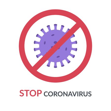 Stop coronavirus. Abstract virus strain model is crossed out with red sign. Flat vector illustration.のイラスト素材