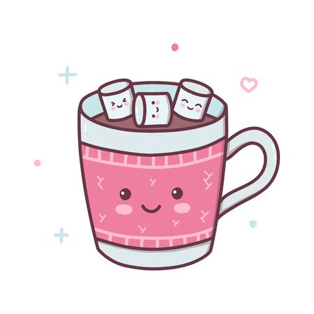 A mug of hot chocolate or cocoa in which marshmallows are bathed. Kawaii cartoon character isolated on a white background. Vector illustration.のイラスト素材