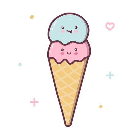 Cute ice cream cone with two balls. Kawaii cartoon character isolated on a white background. Vector illustration.のイラスト素材