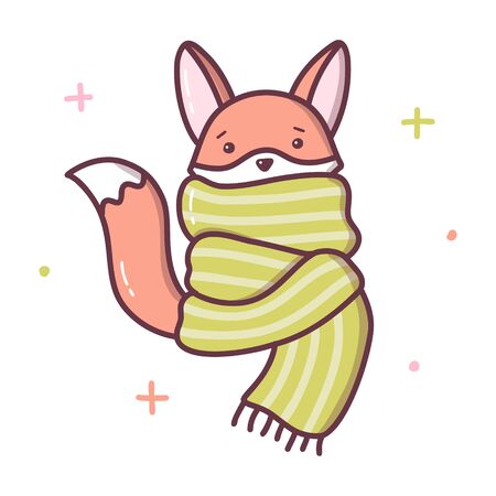 The Fox froze and wrapped himself in a big scarf. Kawaii cartoon character isolated on a white background. Vector illustration.のイラスト素材