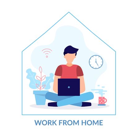 A man with a computer works from home. Stay at home, programming, remote work, freelancing. Quarantine to coronovirus. Self-isolation. Work from home. Flat vector concept.のイラスト素材