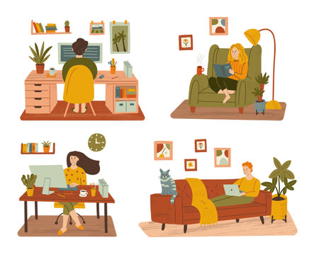 People spend time at home, work and relax. Stay home and remote work concepts. Set of hand drawn illustrations with texture. のイラスト素材