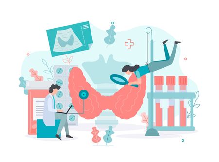 Diagnostics and treatment of thyroid diseases.  Thyroid  health concept Medical concept with tiny people. Flat vector illustration.のイラスト素材