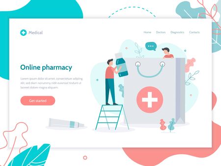 Online pharmacy. Home delivery drugs. Medical flat vector illustration. Web page design template. のイラスト素材