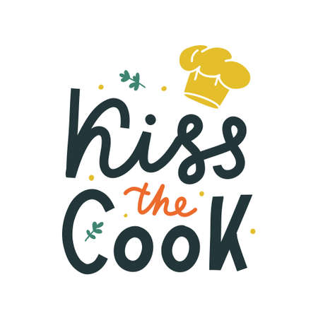 Kiss the cook hand drawn vector lettering. Kitchen slogan isolated on white background. Colorful hand lettered quote. Vector illustration.のイラスト素材