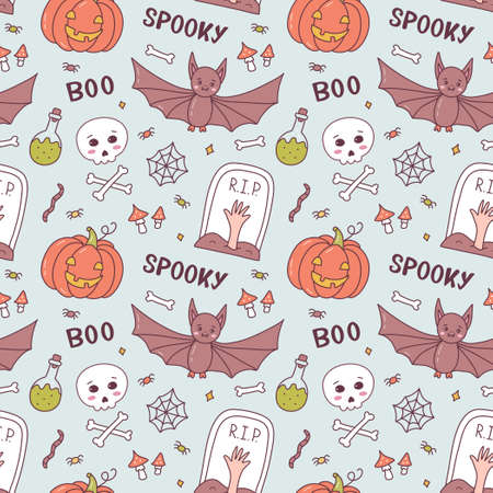 Halloween seamless pattern with pumpkin, bat, skull, poison, cobweb, tombstone and hand lettering. Cute cartoon hand drawn. Kawaii style. Vector illustration.のイラスト素材