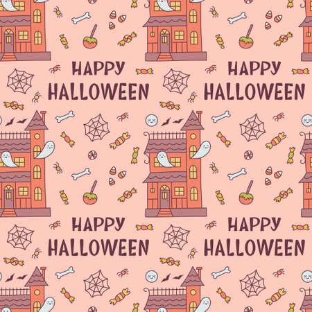Halloween seamless pattern with haunted house, sweets and hand lettering. Cute cartoon hand drawn. Kawaii style. Vector illustration.のイラスト素材