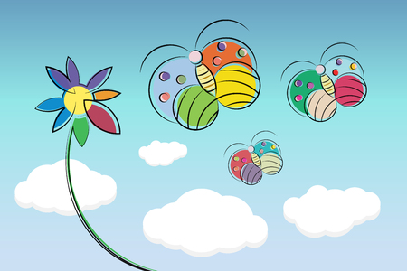 vector illustration colorful Butterfly flying with flower on blue sky backgroundのイラスト素材
