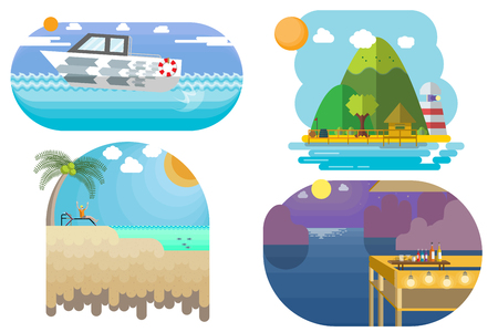 vector illustration trips and travel to the sea and the beach flat style 4 scenes Eventsのイラスト素材
